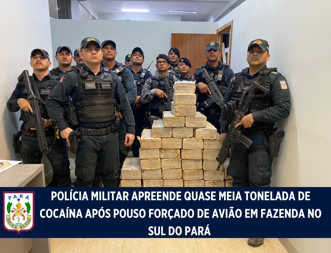Polícia Militar apreende quase meia tonelada de cocaína após pouso forçado de avião em fazenda no sul do Pará
